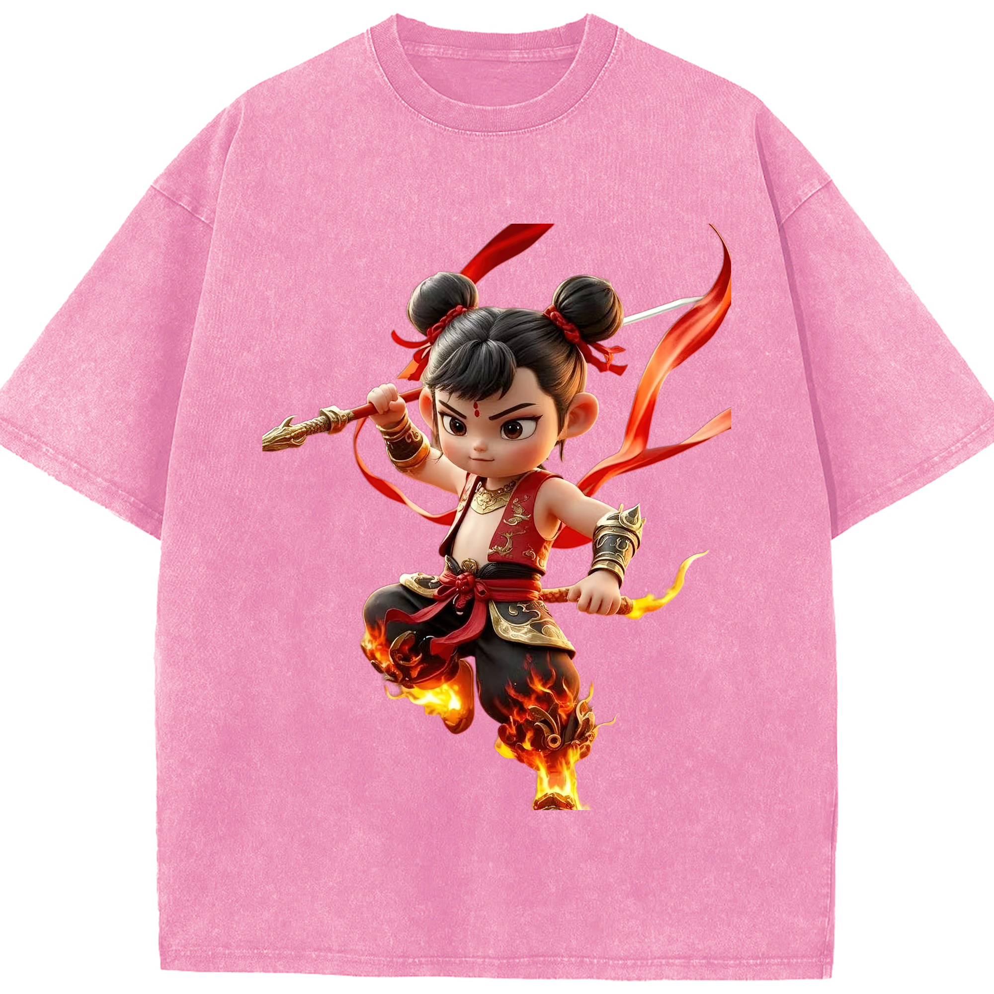（画像用） Ne Zha 2 ナタ 魔童の大暴れ 綿100% ヴィンテージ風 半袖Tシャツ（フロントプリント）